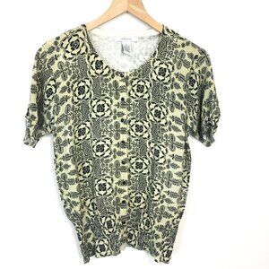 Grace Black and Tan Printed Short Sleeve Button Down Grandma Core Knit Top (L)